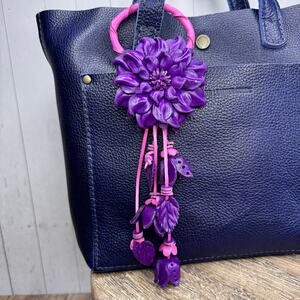 Flower Genuine Leather Bag Charm Purple Dahlia Leather Purse Crossbody Keychain